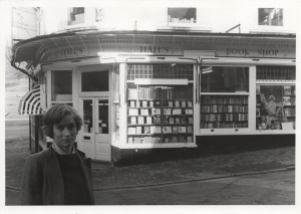 Original photograph of Hall's Bookshop and Sabrina Izzard, proprietor, February 1984.