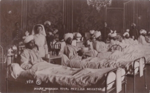 Postcard of wounded Indian soldiers in the Royal Pavilion, Brighton, circa 1915.