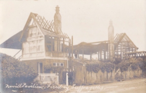 Postcard of the remains of the Nevill Pavilion after it was targeted by Suffragettes on 11th April 1913.